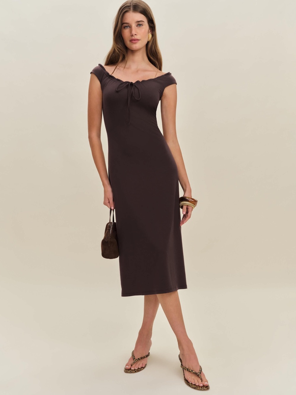 Reformation Milo Knit Maxi Dress Minimalist Off Shoulder Brown XS